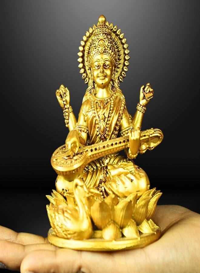 NEEANN Saraswati Devi Idol 4.5 Inches Material Polystone Statue - Painted Brass, Antique Silver & White Finish Veena Vadini Maa Saraswati Murti Vasant Panchami for Home & Office Decor (Brass) - Image 3